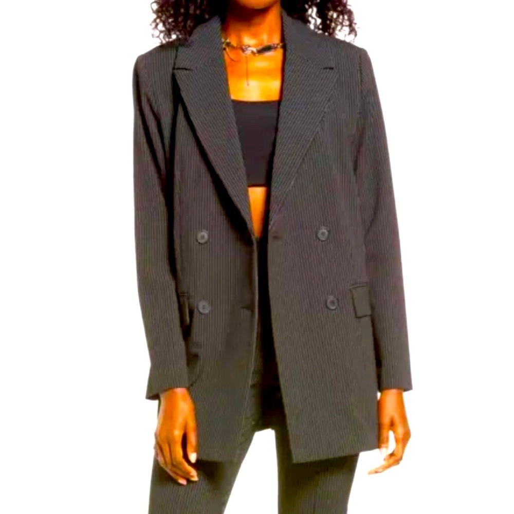 Nordstrom Open Edit NWOT Pinstripe Double Breasted Blazer Black / White- Small